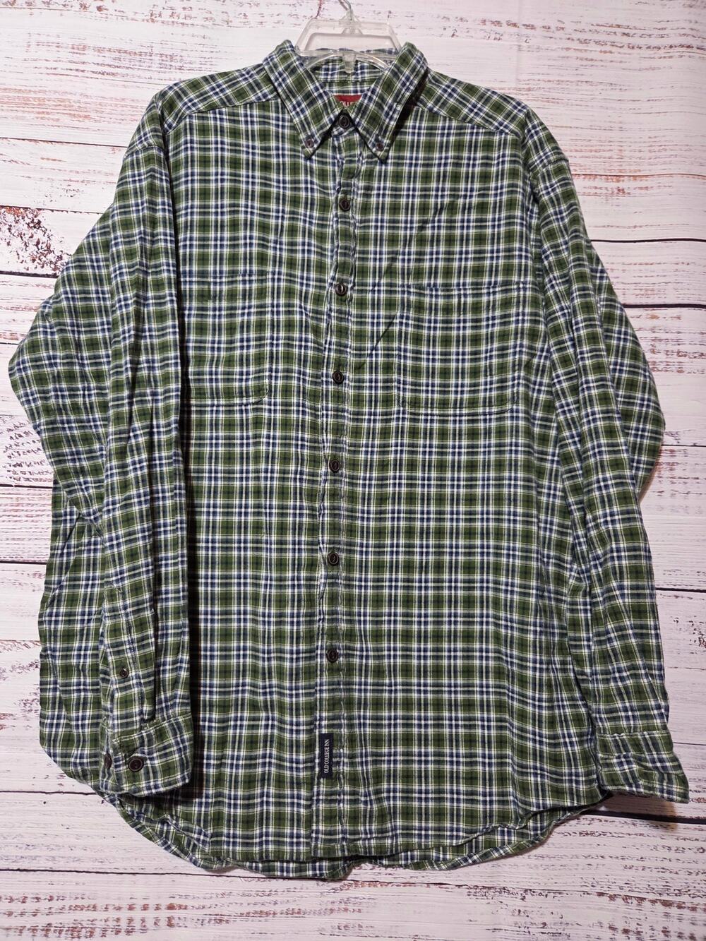 Old College Inn Shirt Men's Large Green Blue Plaid Long Sleeve Button Front